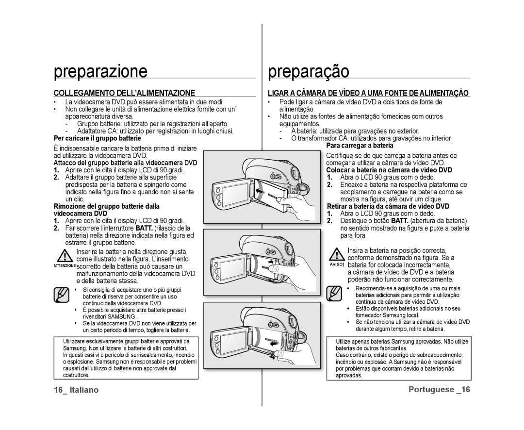 Samsung VP-DX10/XEF, VP-DX10H/XEF manual Collegamento DELL’ALIMENTAZIONE, Ligar a Câmara DE Vídeo a UMA Fonte DE Alimentação 