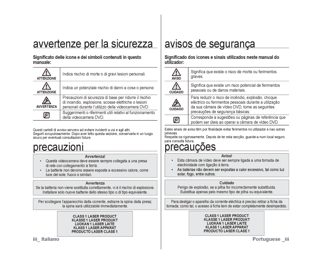 Samsung VP-DX10H/XEF, VP-DX10/XEF manual Precauzioni, Avisos de segurança, Avvertenza, Cuidado 