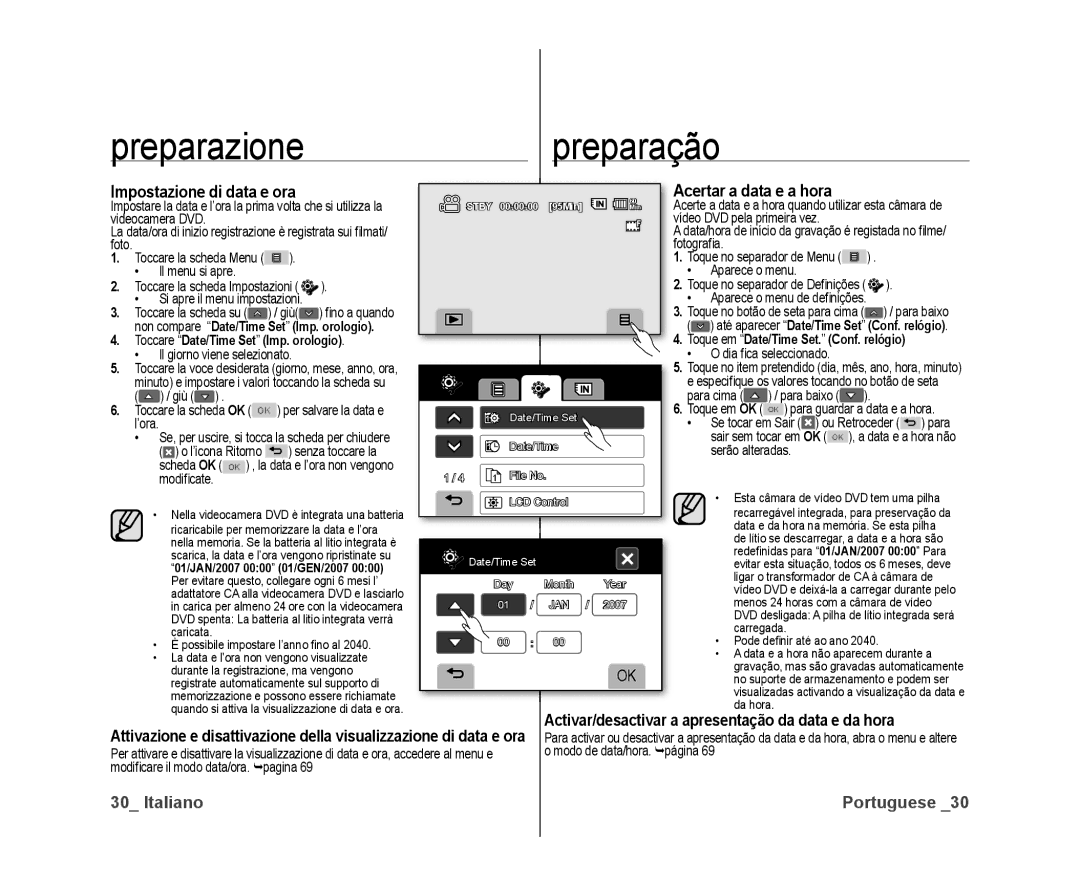 Samsung VP-DX10/XEF, VP-DX10H/XEF Toccare Date/Time Set Imp. orologio, Activar/desactivar a apresentação da data e da hora 