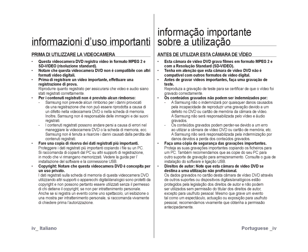 Samsung VP-DX10/XEF, VP-DX10H/XEF manual Prima DI Utilizzare LA Videocamera, Antes DE Utilizar Esta Câmara DE Vídeo 