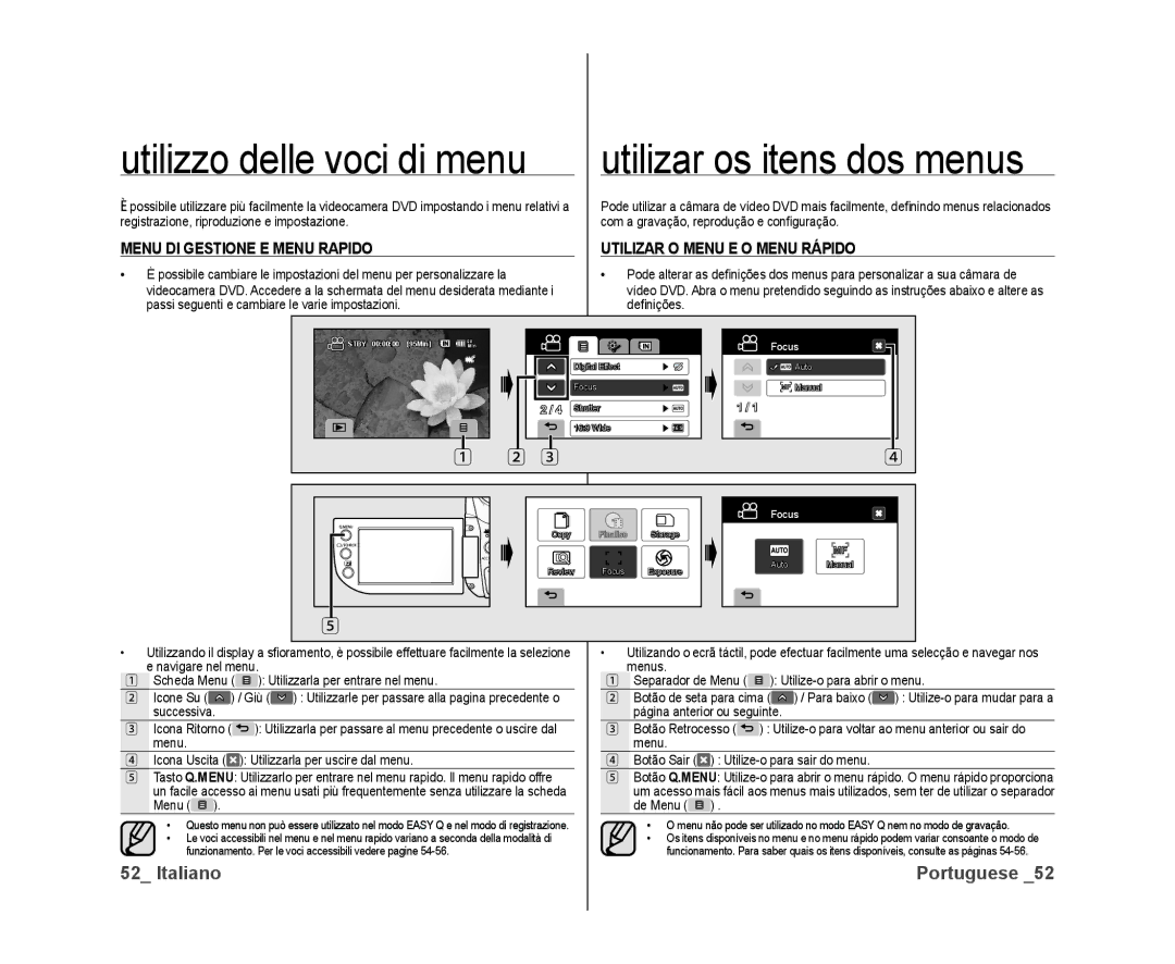 Samsung VP-DX10/XEF, VP-DX10H/XEF Utilizzo delle voci di menu, Passi seguenti e cambiare le varie impostazioni Deﬁ nições 