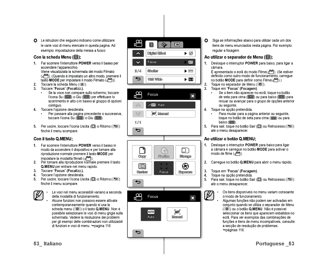 Samsung VP-DX10H/XEF Con la scheda Menu, Con il tasto Q.MENU, Ao utilizar o separador de Menu, Ao utilizar o botão Q.MENU 