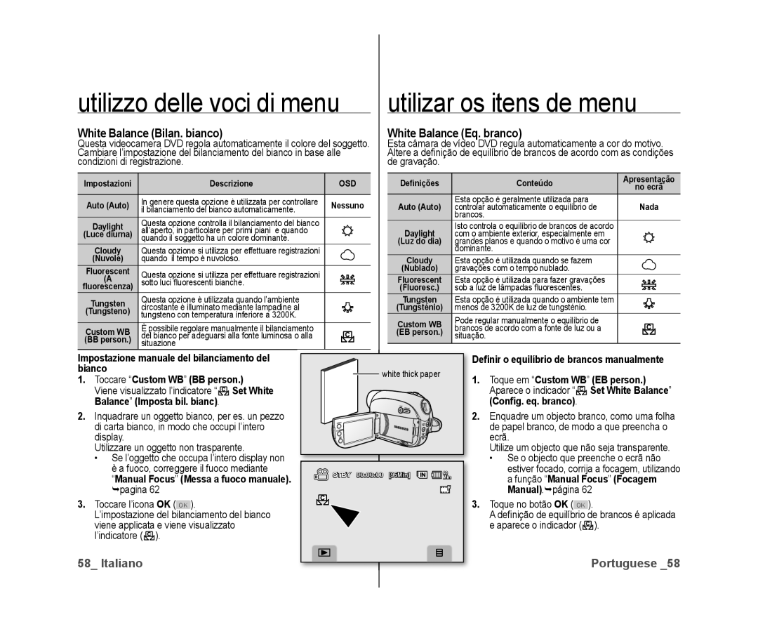 Samsung VP-DX10/XEF White Balance Bilan. bianco, White Balance Eq. branco, Manual Focus Messa a fuoco manuale. pagina 