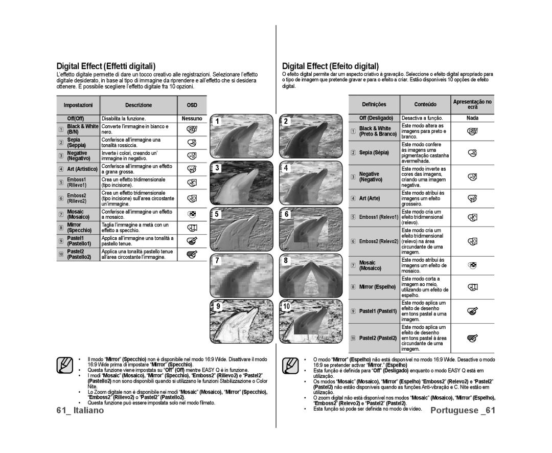 Samsung VP-DX10H/XEF, VP-DX10/XEF manual Digital Effect Effetti digitali, Digital Effect Efeito digital 