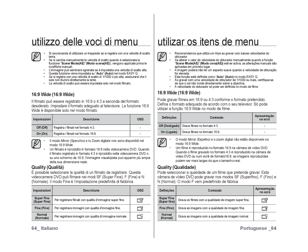 Samsung VP-DX10/XEF, VP-DX10H/XEF manual Wide 169 Wide, Quality Qualità, Quality Qualidade 