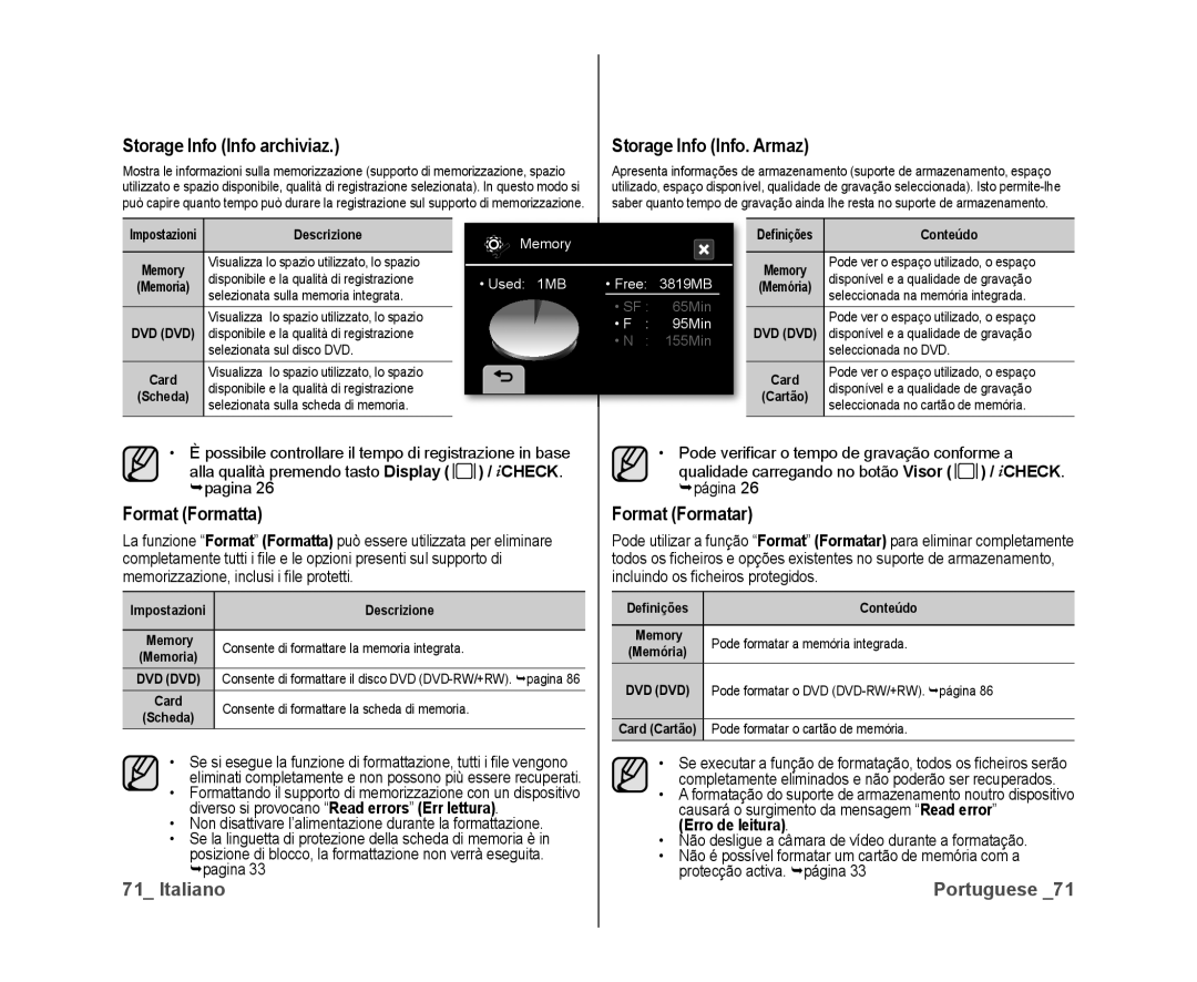 Samsung VP-DX10H/XEF, VP-DX10/XEF Storage Info Info archiviaz, Storage Info Info. Armaz, Format Formatta, Format Formatar 