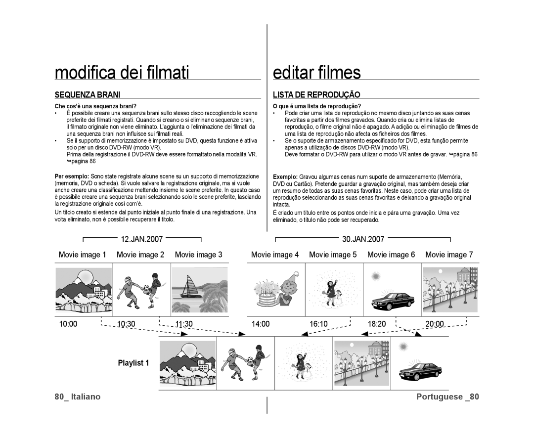 Samsung VP-DX10/XEF, VP-DX10H/XEF manual Modiﬁca dei ﬁlmati, Editar ﬁlmes, Sequenza Brani, Lista DE Reprodução 