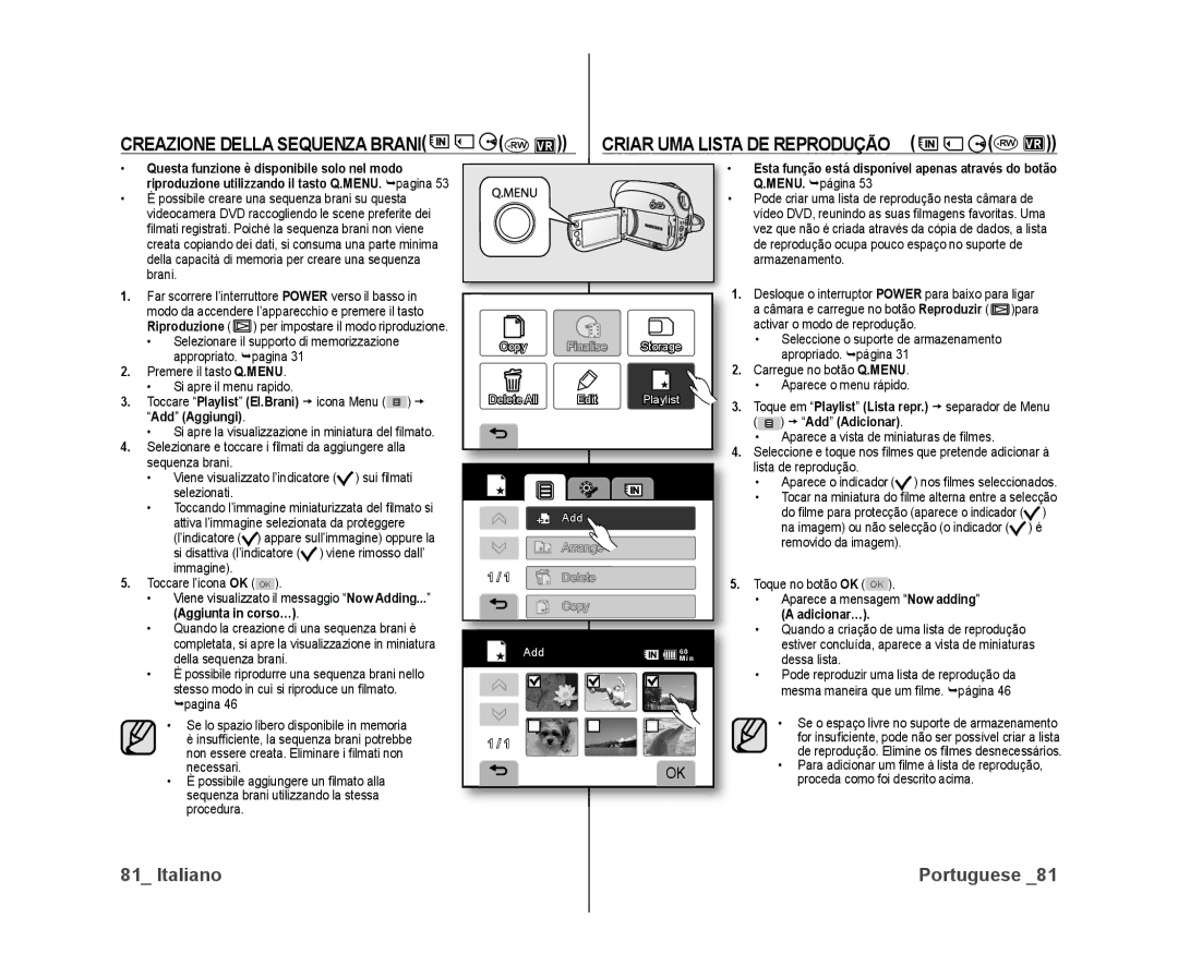 Samsung VP-DX10H/XEF Creazione Della Sequenza Brani -RWVR, Criar UMA Lista DE Reprodução, Aggiunta in corso…, Adicionar… 