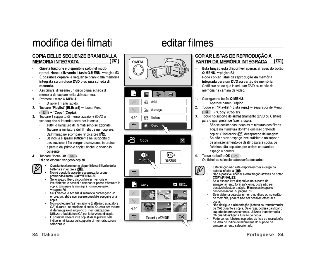 Samsung VP-DX10/XEF manual Copia Delle Sequenze Brani Dalla, Copiar Listas DE Reprodução a Partir DA Memória Integrada 