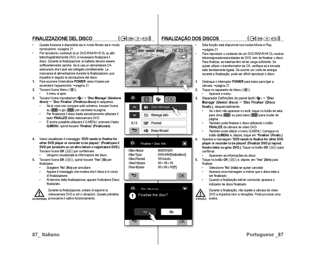 Samsung VP-DX10H/XEF, VP-DX10/XEF manual Finalizzazione DEL Disco, Finalização DOS Discos,  Disc, ﬁnaliz., sequencialmente 