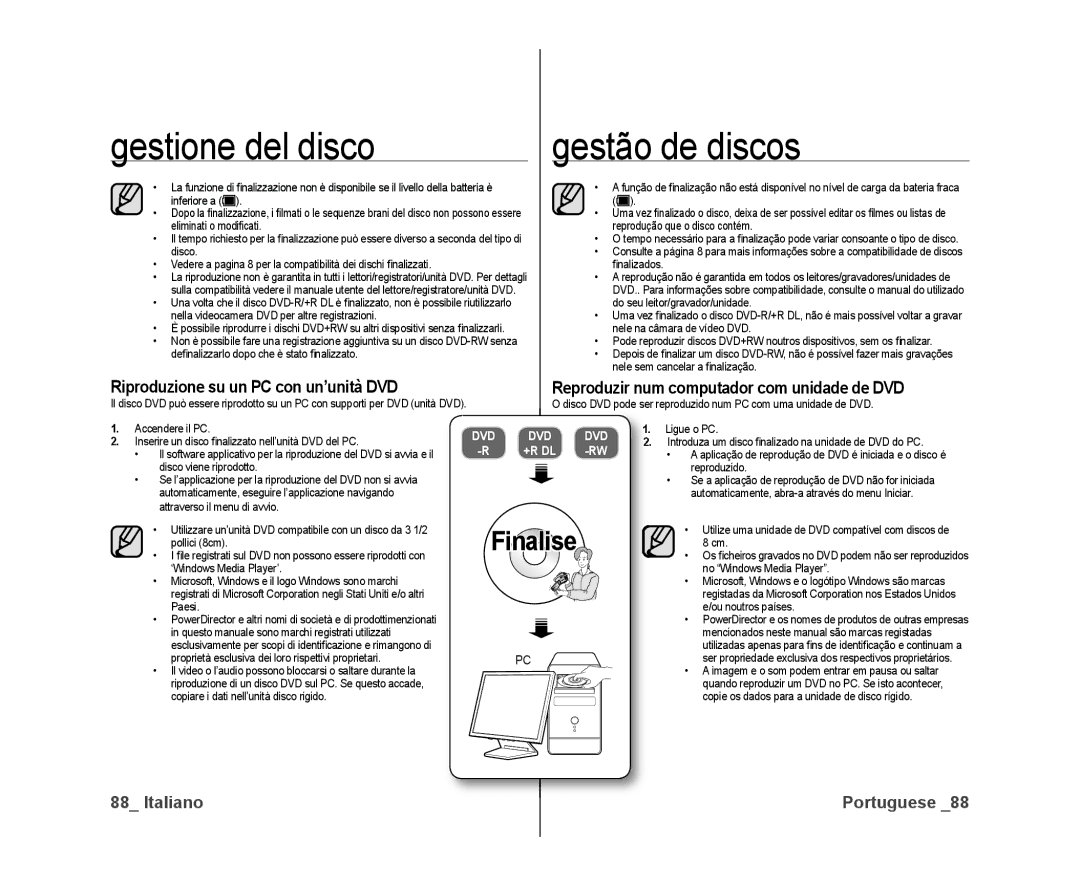 Samsung VP-DX10/XEF, VP-DX10H/XEF manual Gestione del disco, Riproduzione su un PC con un’unità DVD 