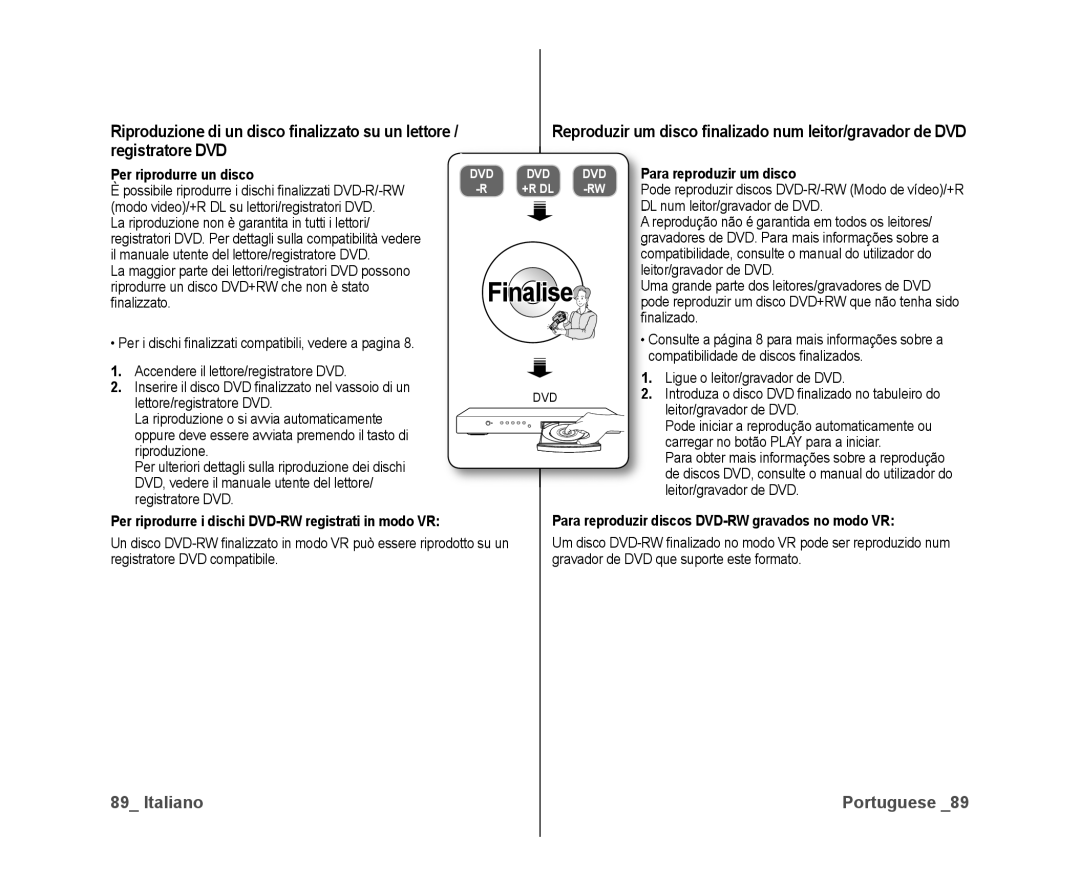 Samsung VP-DX10H/XEF, VP-DX10/XEF manual Per riprodurre un disco, Nalizzato, Ara reproduzir um disco 