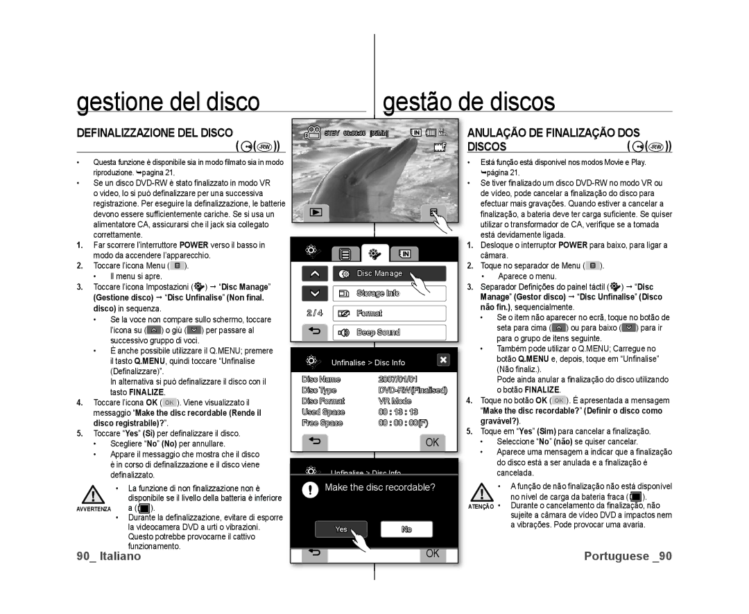 Samsung VP-DX10/XEF, VP-DX10H/XEF manual Definalizzazione DEL Disco, Anulação DE Finalização DOS, Discos, Gravável? 