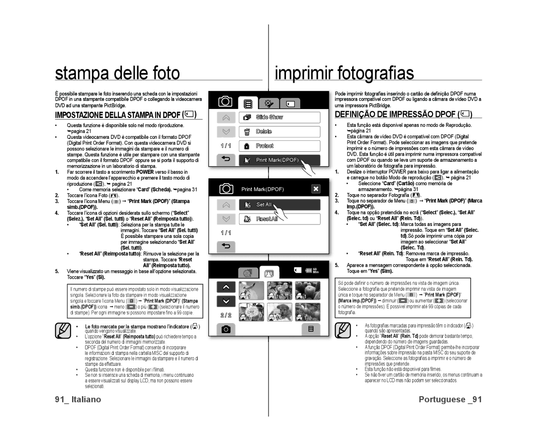 Samsung VP-DX10H/XEF, VP-DX10/XEF manual Stampa delle foto Imprimir fotograﬁ as, Definição DE Impressão Dpof, Imp.DPOF 