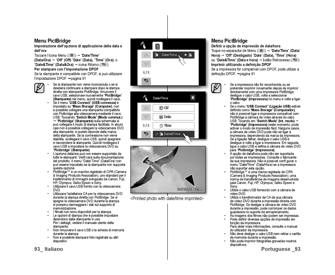 Samsung VP-DX10H/XEF manual Menu PictBridge, Per stampare con l’impostazione Dpof, Printed photo with date/time imprinted 