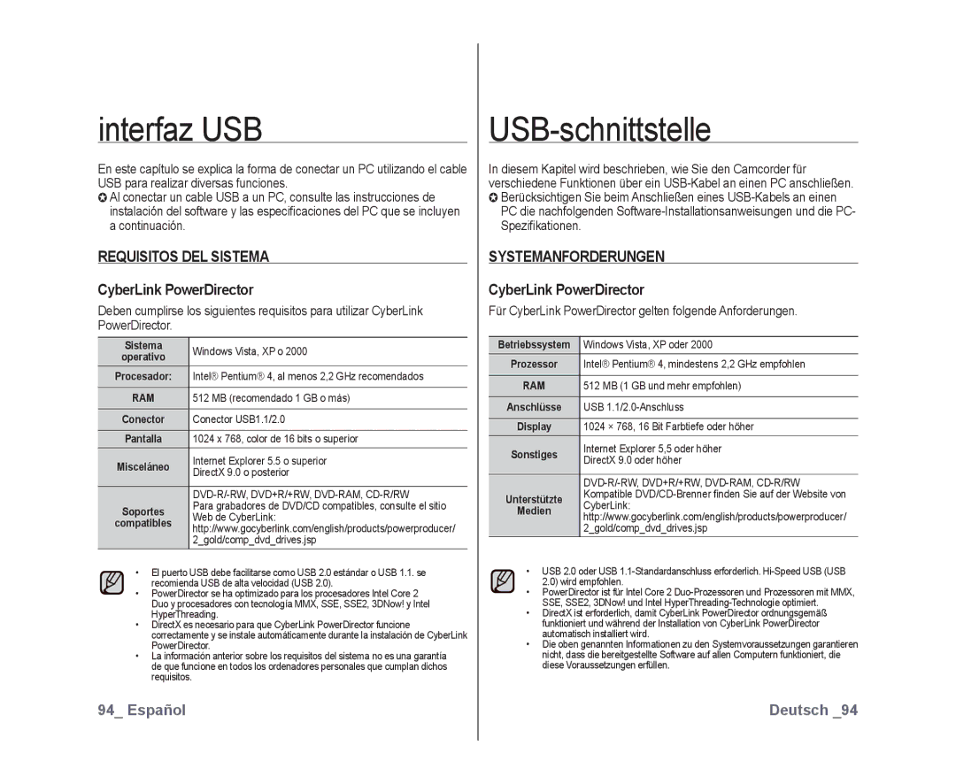 Samsung VP-DX10/XEO Interfaz USB, USB-schnittstelle, Requisitos DEL Sistema, CyberLink PowerDirector, Systemanforderungen 