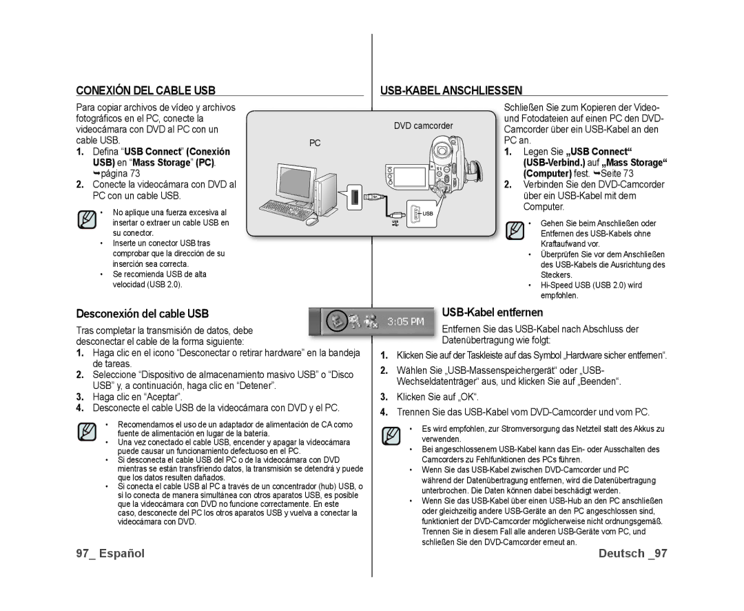 Samsung VP-DX10/XEO manual Conexión DEL Cable USB USB-KABEL Anschliessen, Desconexión del cable USB, USB-Kabel entfernen 