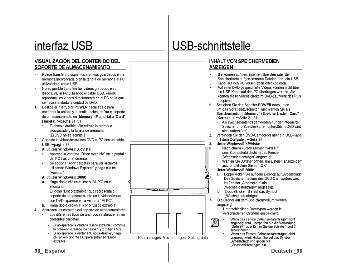 Samsung VP-DX10/XEE, VP-DX10/XEF, VP-DX10/XEO manual Interfaz USB USB-schnittstelle, Nhalt VON Speichermedien Nzeigen 