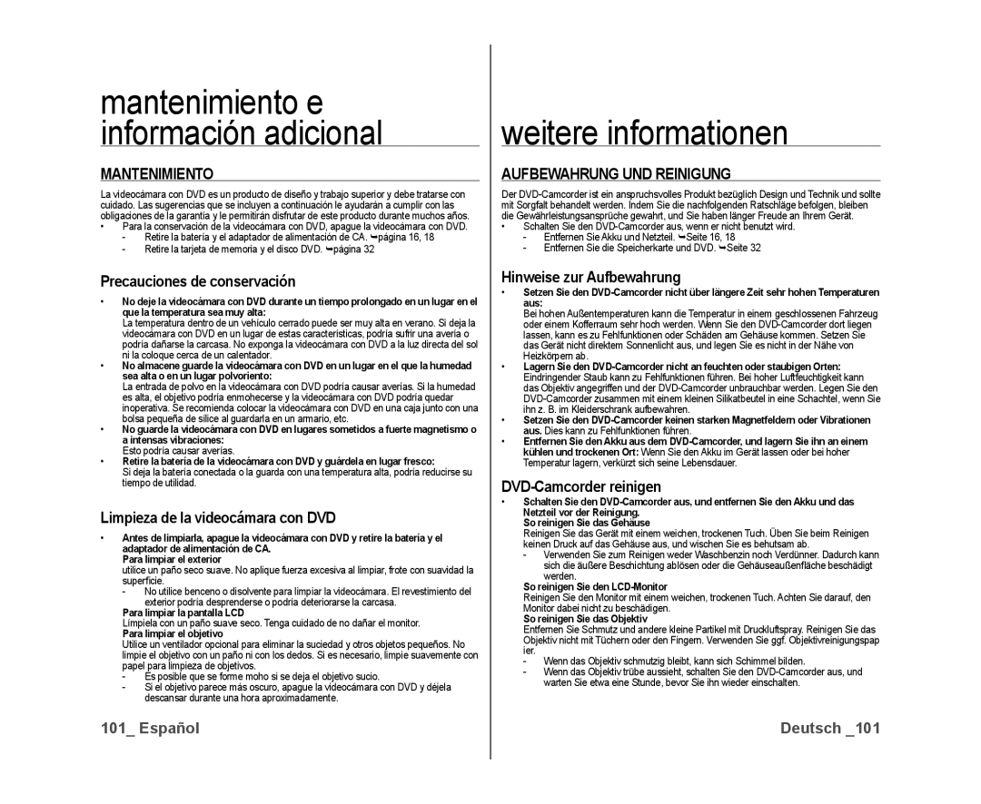 Samsung VP-DX10/XEE, VP-DX10/XEF, VP-DX10/XEO manual Weitere informationen, Aufbewahrung UND Reinigung 