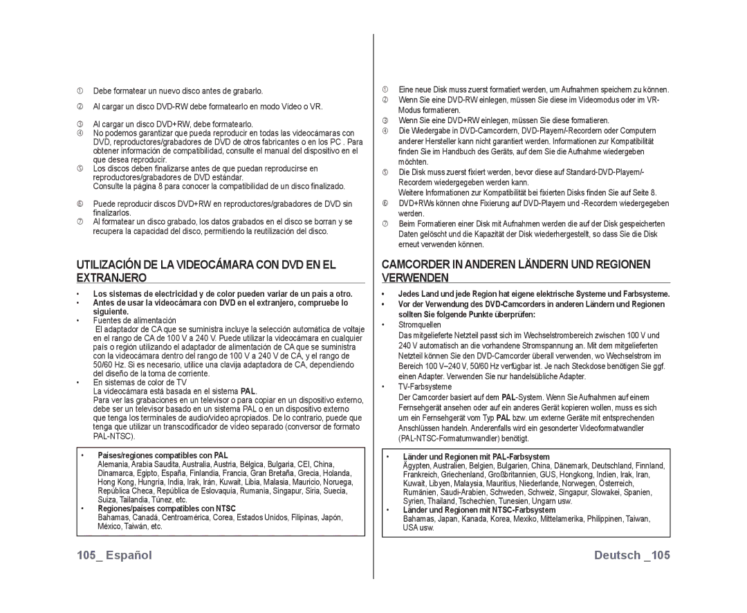 Samsung VP-DX10/XEF, VP-DX10/XEO, VP-DX10/XEE manual Utilización DE LA Videocámara CON DVD EN EL Extranjero 