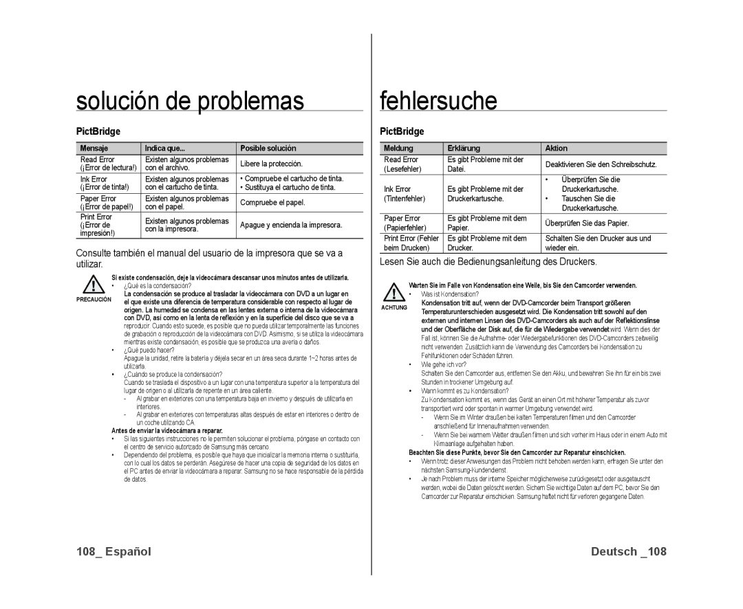 Samsung VP-DX10/XEF PictBridge, Lesen Sie auch die Bedienungsanleitung des Druckers, Mensaje Indica que Posible solución 