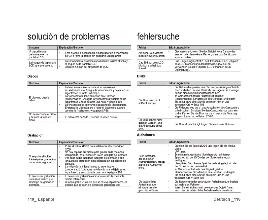 Samsung VP-DX10/XEE, VP-DX10/XEF, VP-DX10/XEO manual Discos, Grabación, Disks, Aufnahmen, Aufnahmestart/-stopp 