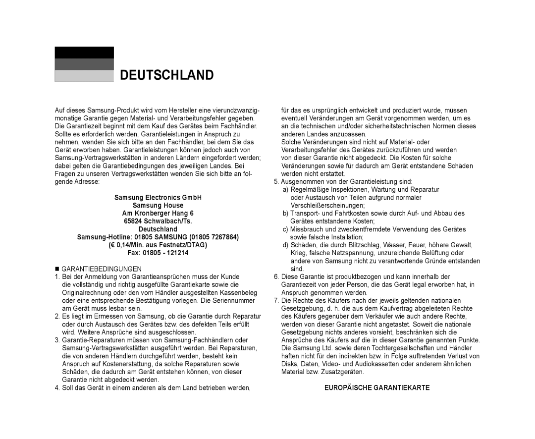 Samsung VP-DX10/XEF, VP-DX10/XEO, VP-DX10/XEE manual Deutschland 