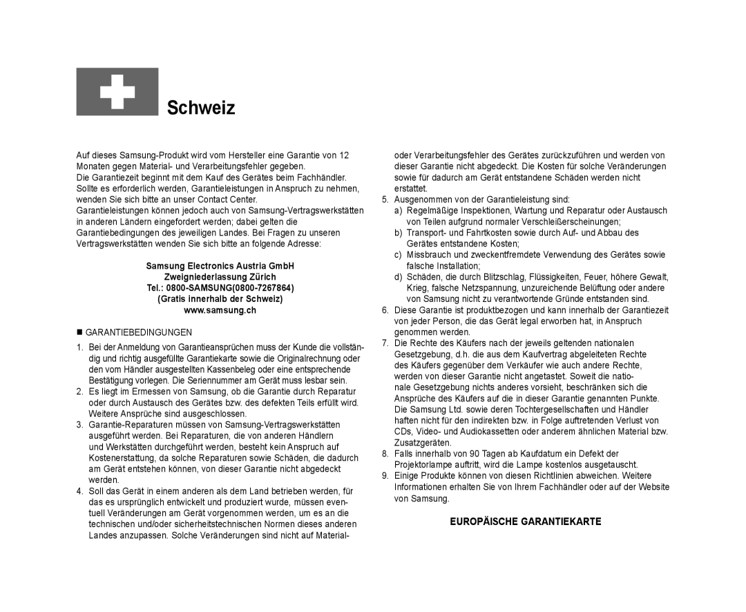 Samsung VP-DX10/XEO, VP-DX10/XEF, VP-DX10/XEE manual Schweiz 