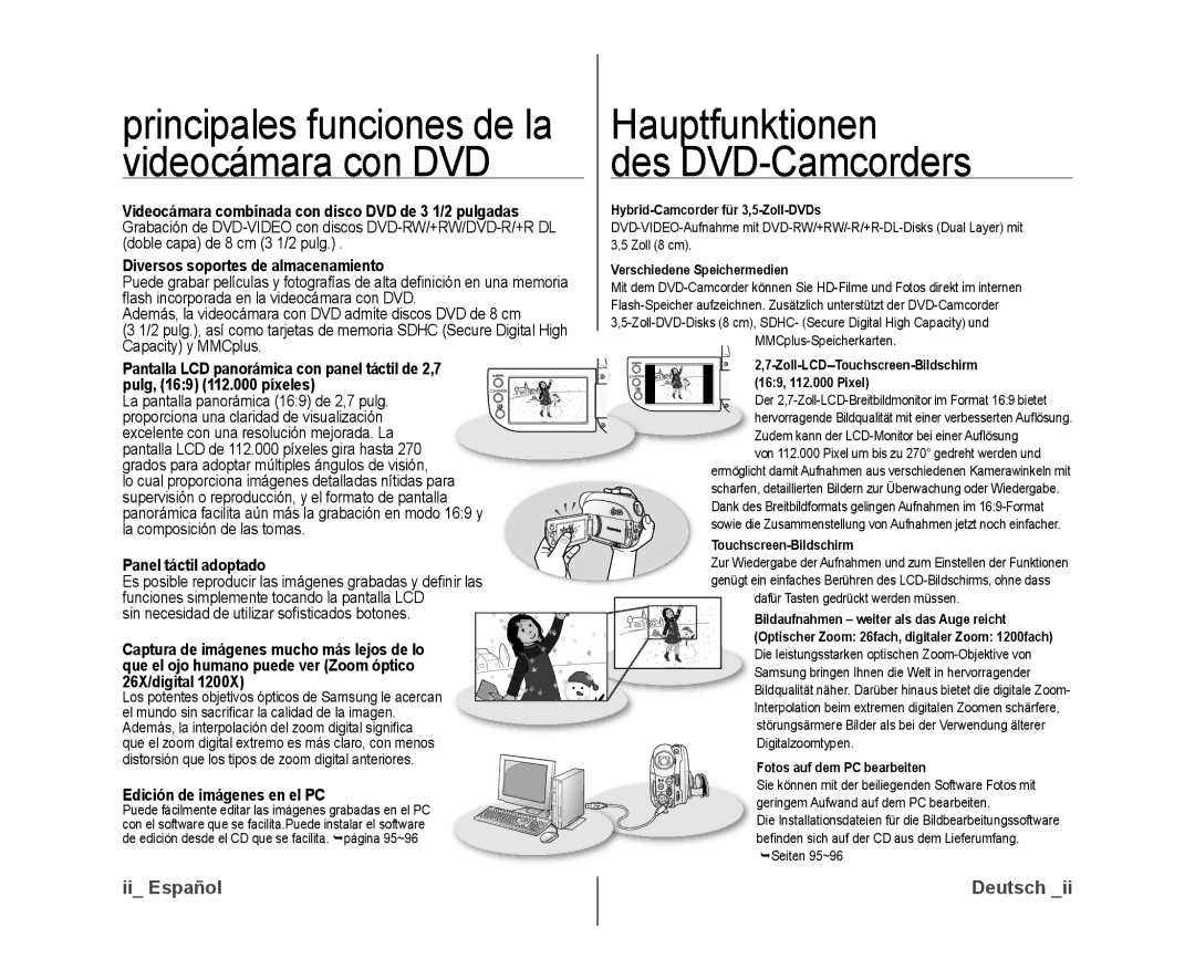 Samsung VP-DX10/XEE manual Hauptfunktionen, Videocámara con DVD Des DVD-Camcorders, Diversos soportes de almacenamiento 