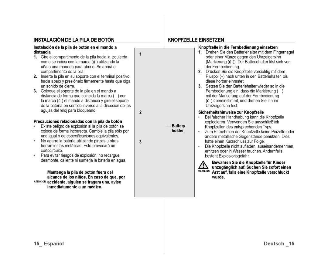 Samsung VP-DX10/XEF, VP-DX10/XEO, VP-DX10/XEE manual Instalación DE LA Pila DE Botón Knopfzelle Einsetzen 