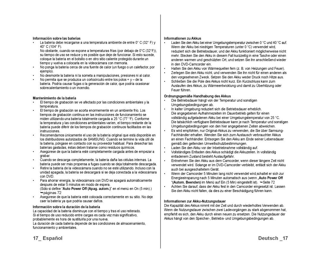 Samsung VP-DX10/XEE, VP-DX10/XEF manual Información sobre las baterías, Mantenimiento de la batería, Informationen zu Akkus 