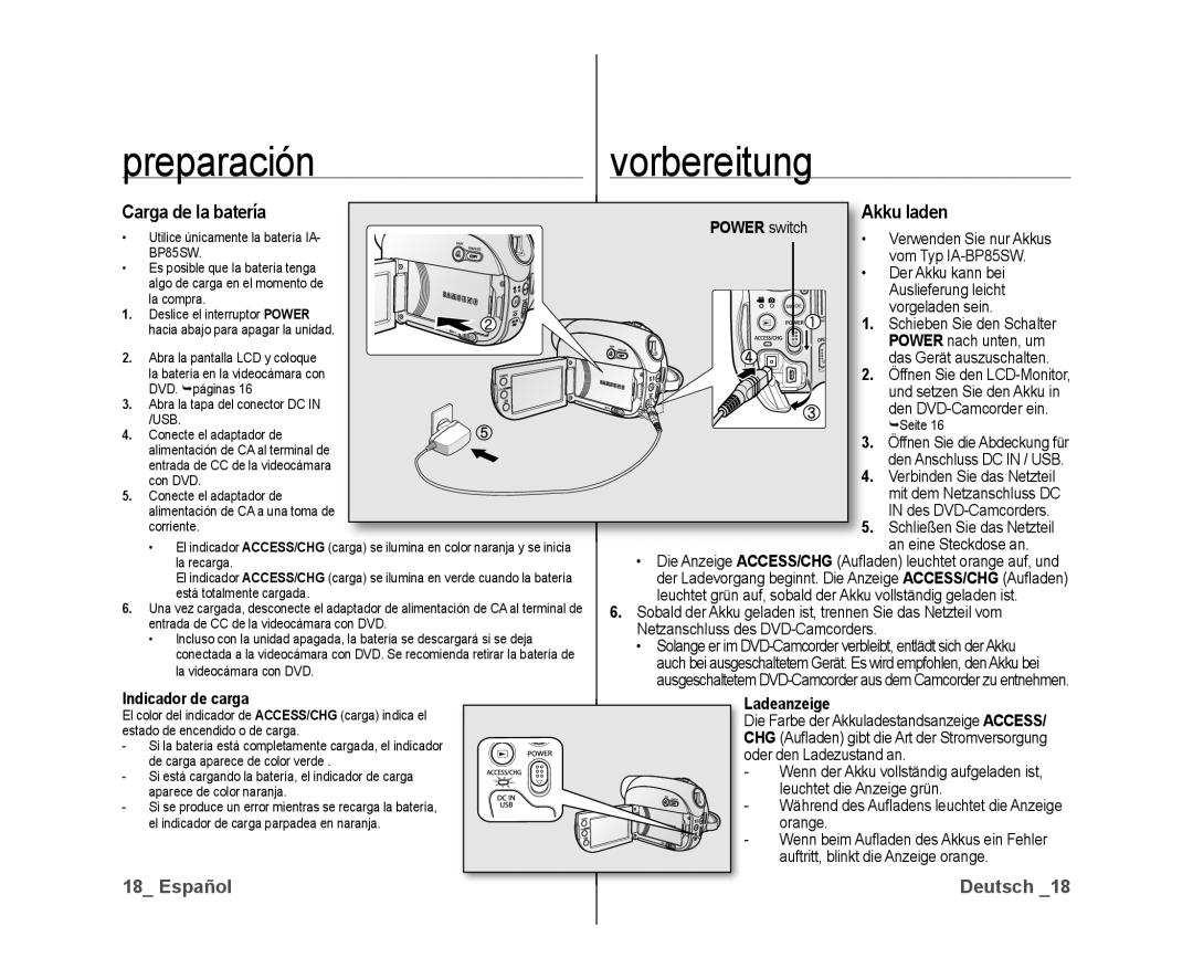 Samsung VP-DX10/XEF, VP-DX10/XEO, VP-DX10/XEE manual Preparación Vorbereitung, Carga de la batería, Akku laden 