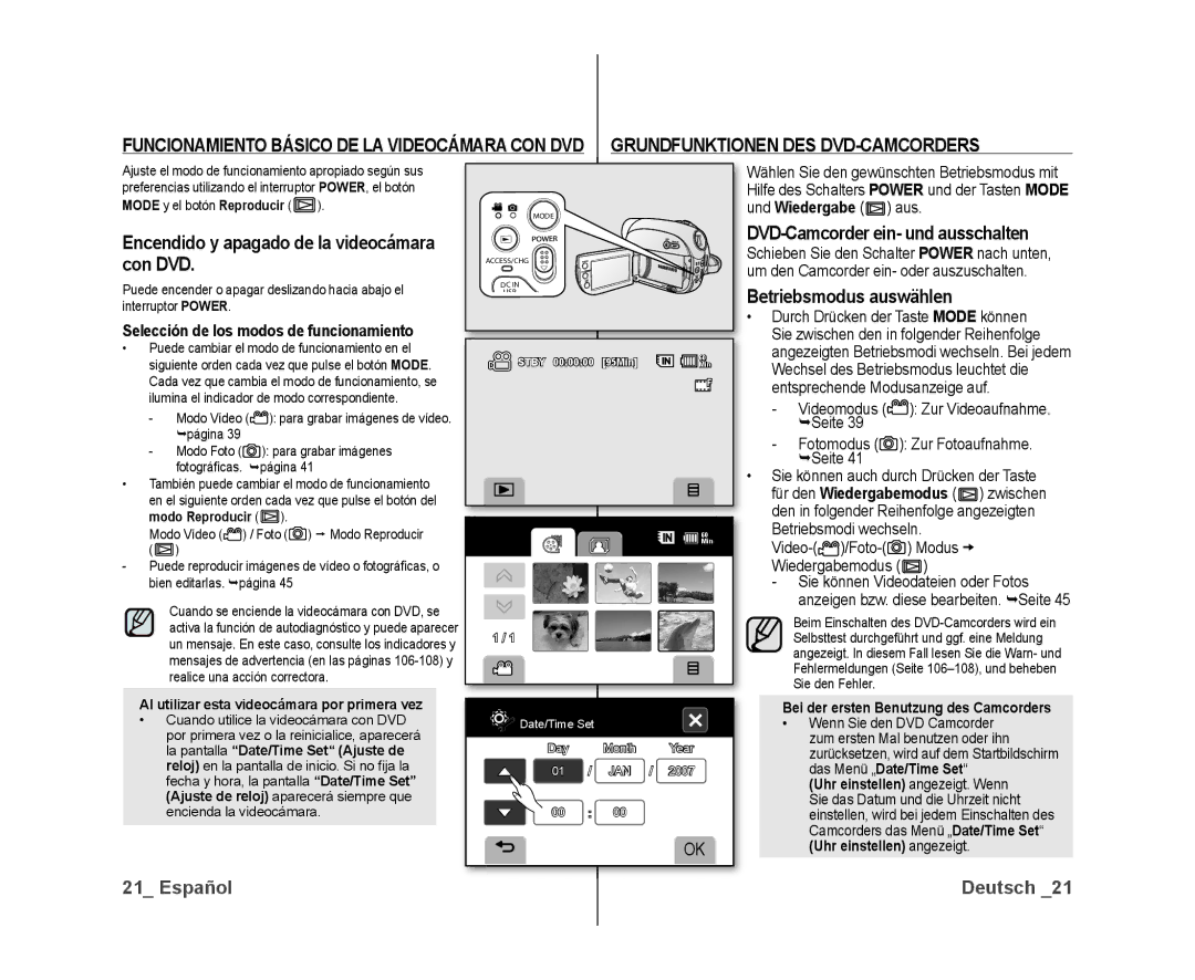 Samsung VP-DX10/XEF, VP-DX10/XEO manual Encendido y apagado de la videocámara con DVD, DVD-Camcorder ein- und ausschalten 