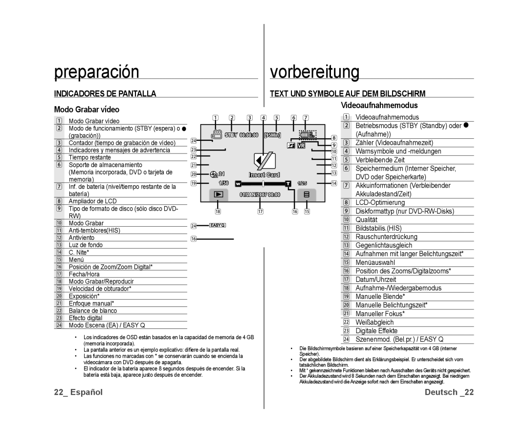 Samsung VP-DX10/XEO Indicadores DE Pantalla Text UND Symbole AUF DEM Bildschirm, Modo Grabar vídeo Videoaufnahmemodus 