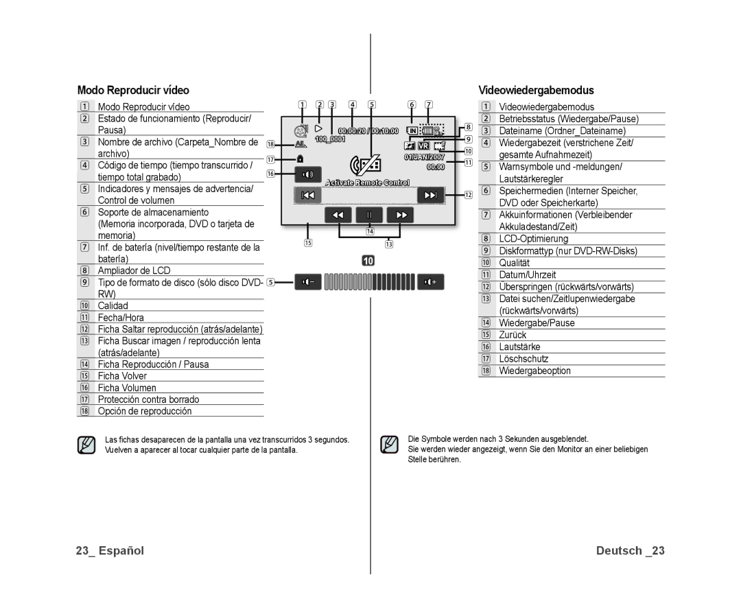 Samsung VP-DX10/XEE, VP-DX10/XEF, VP-DX10/XEO Modo Reproducir vídeo, Videowiedergabemodus, Archivo, Tiempo total grabado 