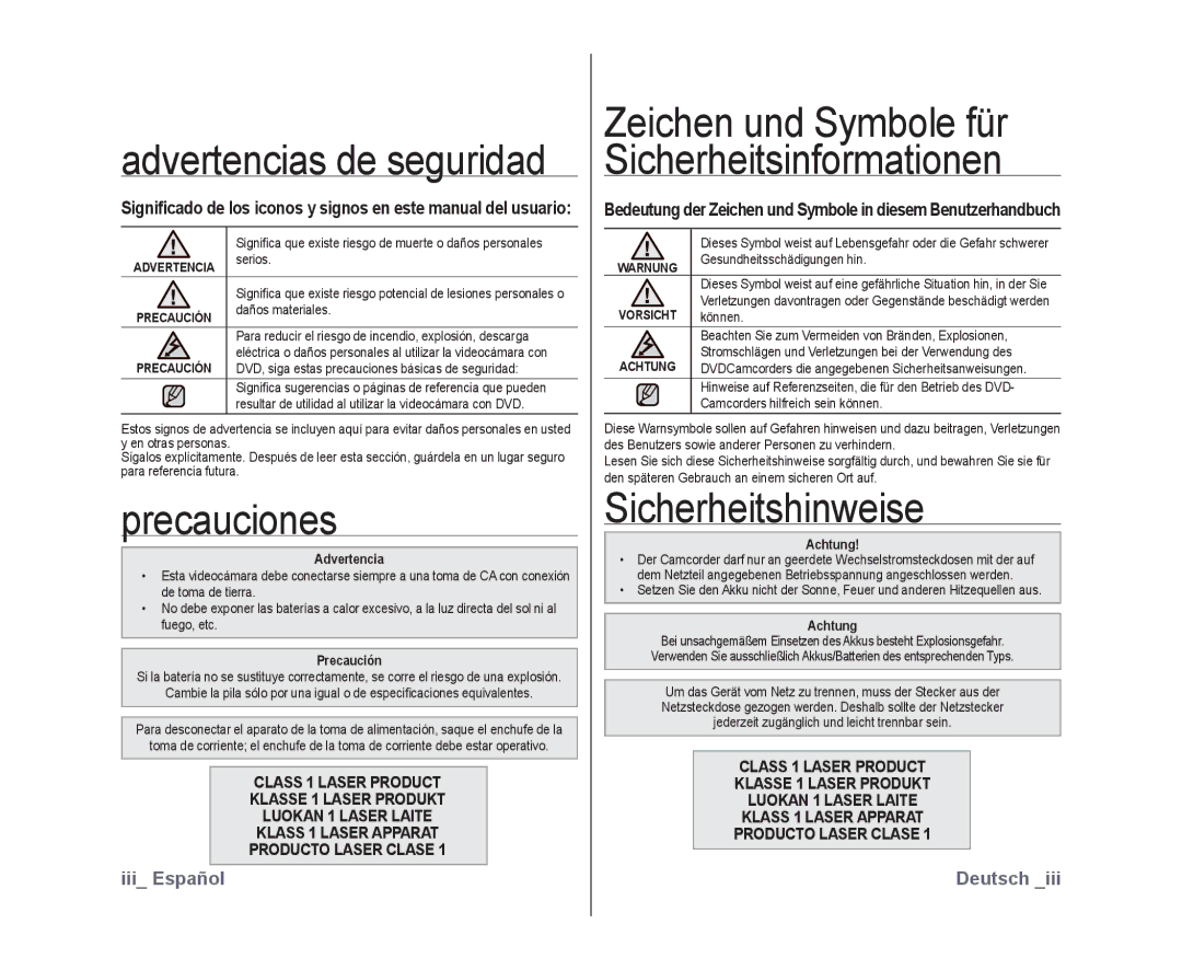 Samsung VP-DX10/XEF, VP-DX10/XEO, VP-DX10/XEE manual Precauciones, Sicherheitshinweise, Advertencia, Precaución, Achtung 