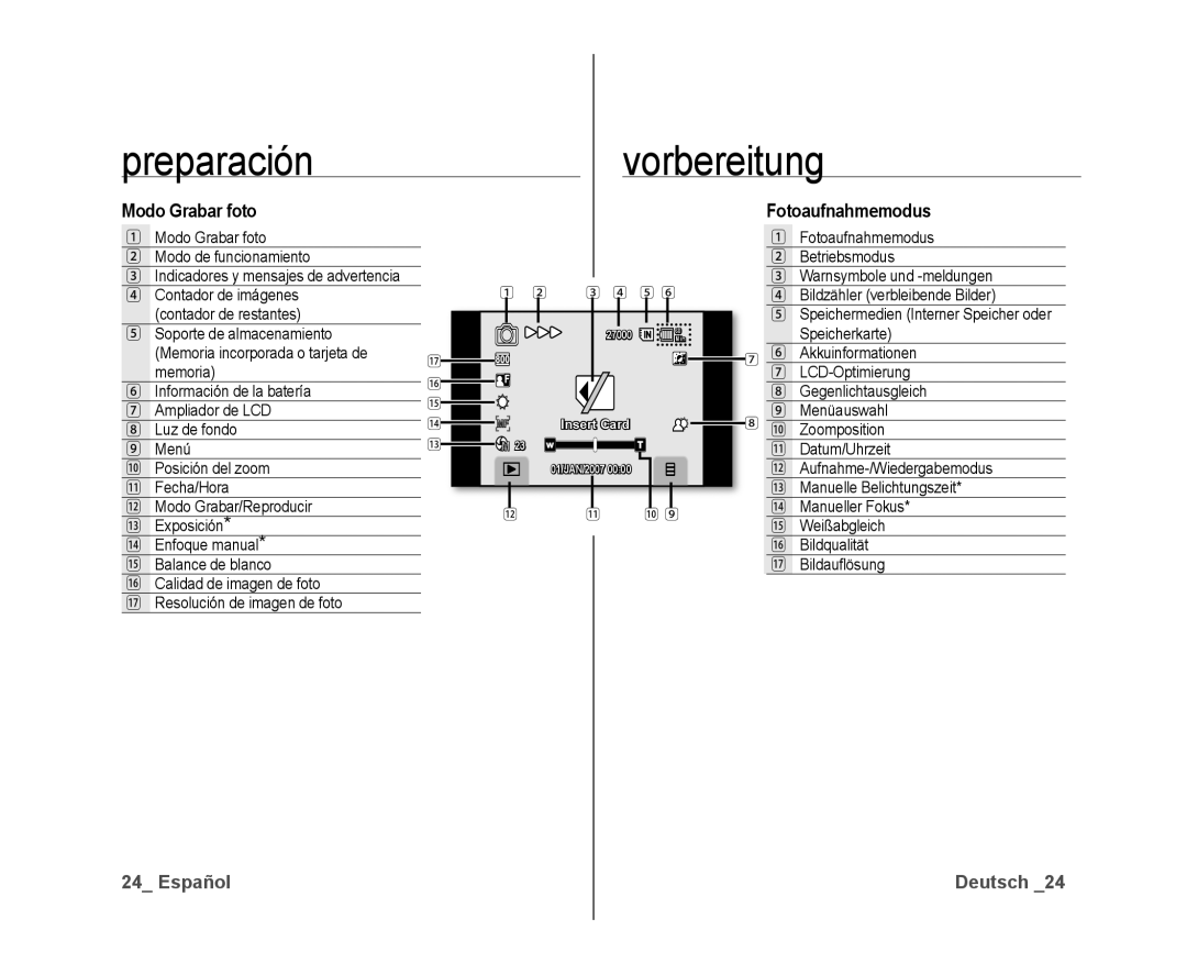 Samsung VP-DX10/XEF, VP-DX10/XEO, VP-DX10/XEE manual Preparaciónvorbereitung, Modo Grabar foto, Fotoaufnahmemodus 