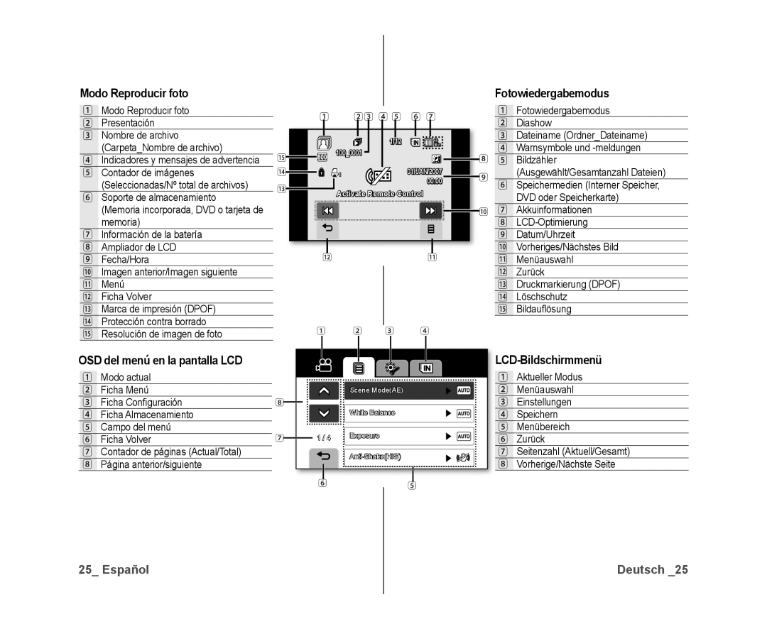 Samsung VP-DX10/XEO, VP-DX10/XEF, VP-DX10/XEE manual Modo Reproducir foto, Fotowiedergabemodus, LCD-Bildschirmmenü 