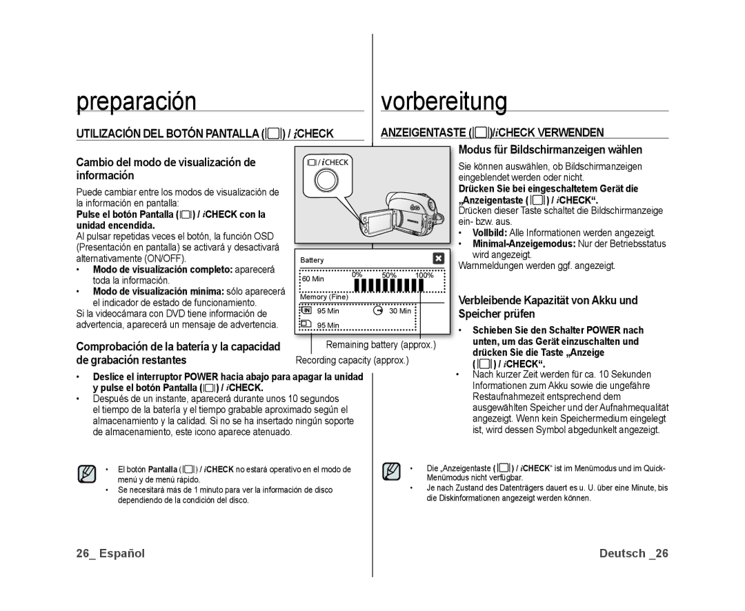 Samsung VP-DX10/XEE, VP-DX10/XEF, VP-DX10/XEO Icheck, ICHECK Verwenden, Cambio del modo de visualización de información 