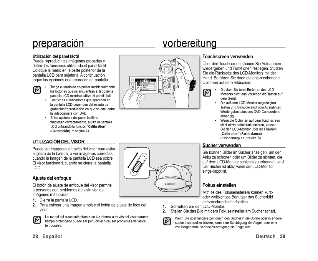 Samsung VP-DX10/XEO Touchscreen verwenden, Utilización DEL Visor, Ajuste del enfoque, Sucher verwenden, Fokus einstellen 