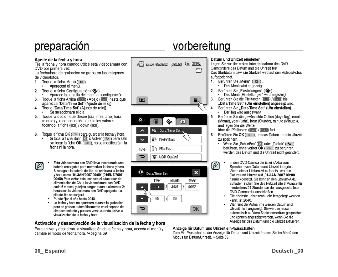 Samsung VP-DX10/XEF manual DVD por primera vez, De vídeo/fotos, Aparezca Date/Time Set Ajuste de reloj, Fecha ni la hora 