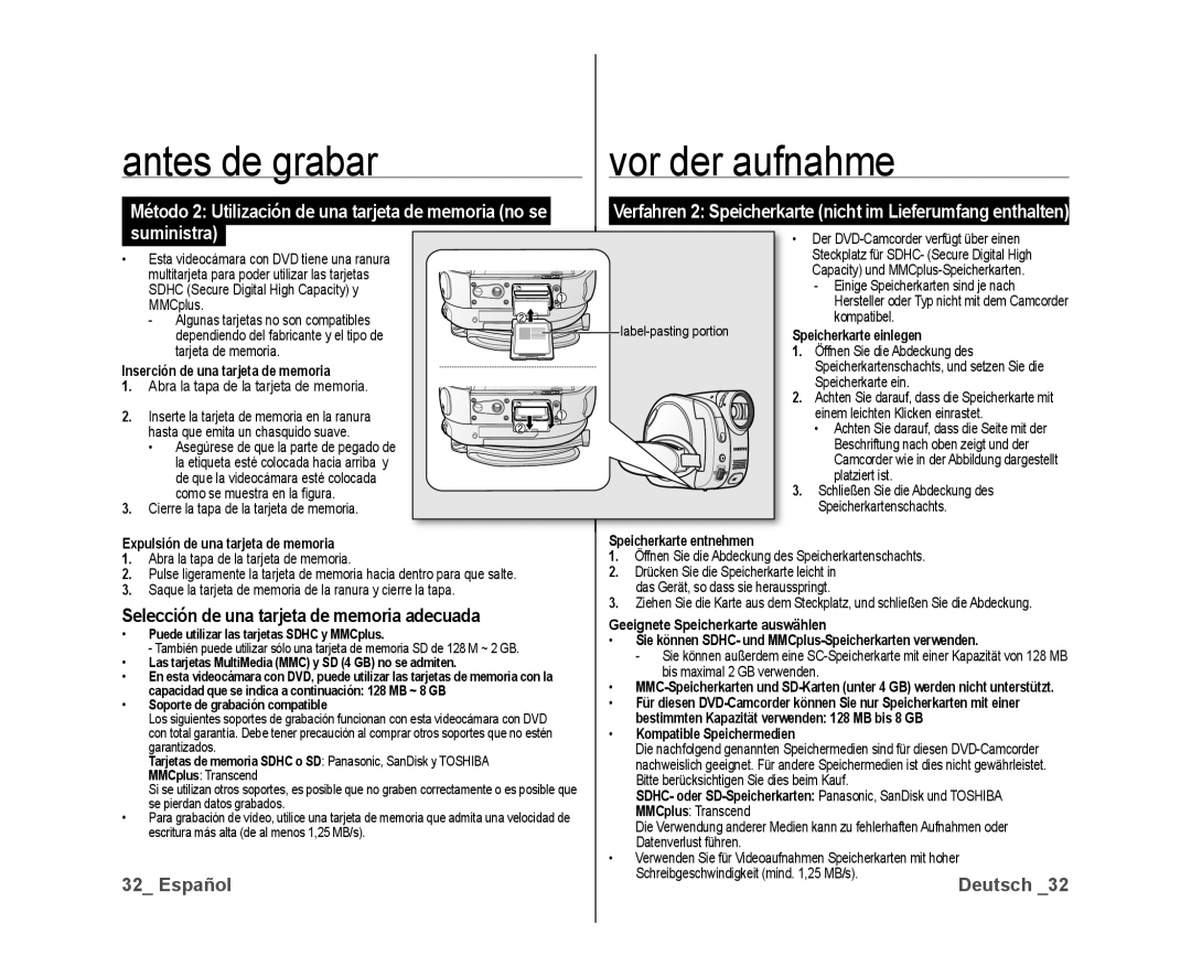 Samsung VP-DX10/XEE, VP-DX10/XEF manual Selección de una tarjeta de memoria adecuada, Inserción de una tarjeta de memoria 