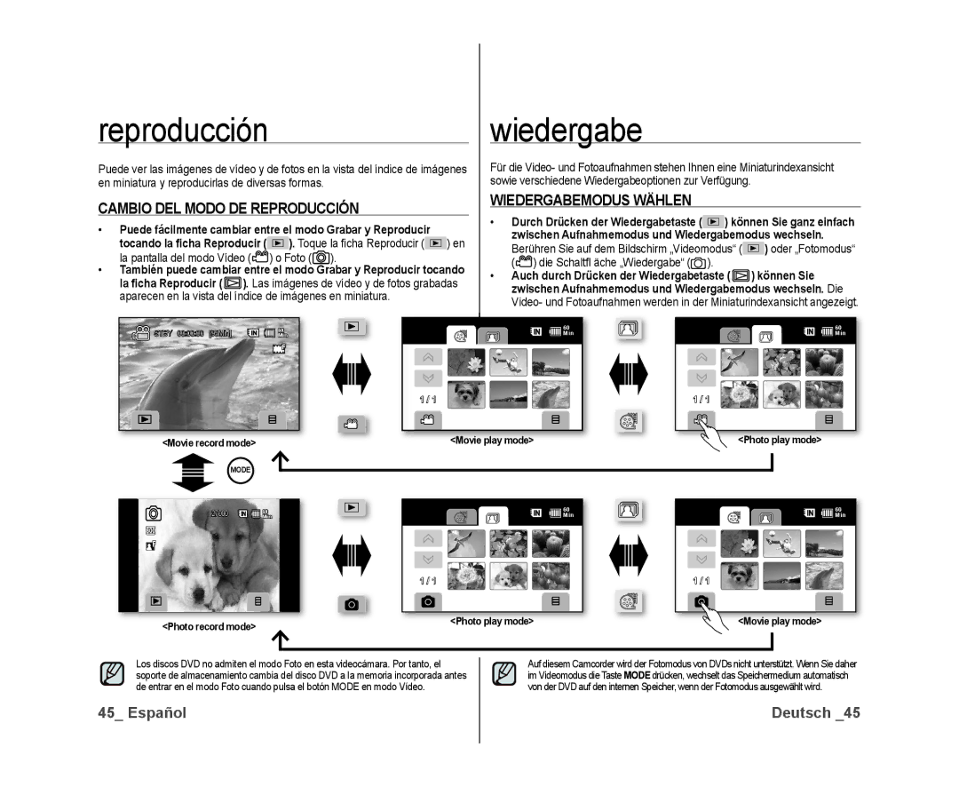 Samsung VP-DX10/XEF, VP-DX10/XEO, VP-DX10/XEE manual Cambio DEL Modo DE Reproducción, Wiedergabemodus Wählen, Foto 