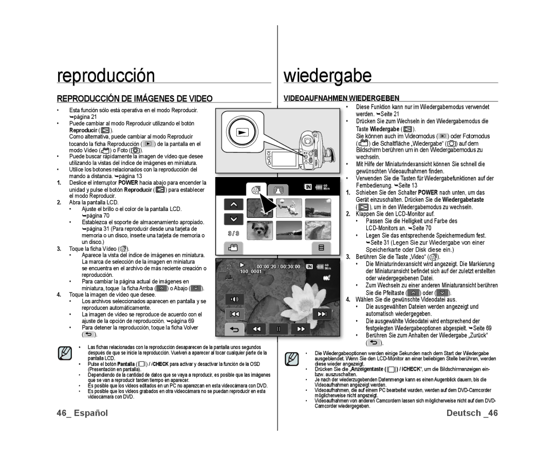 Samsung VP-DX10/XEO, VP-DX10/XEF, VP-DX10/XEE manual Reproducciónwiedergabe, Reproducción DE Imágenes DE Video 