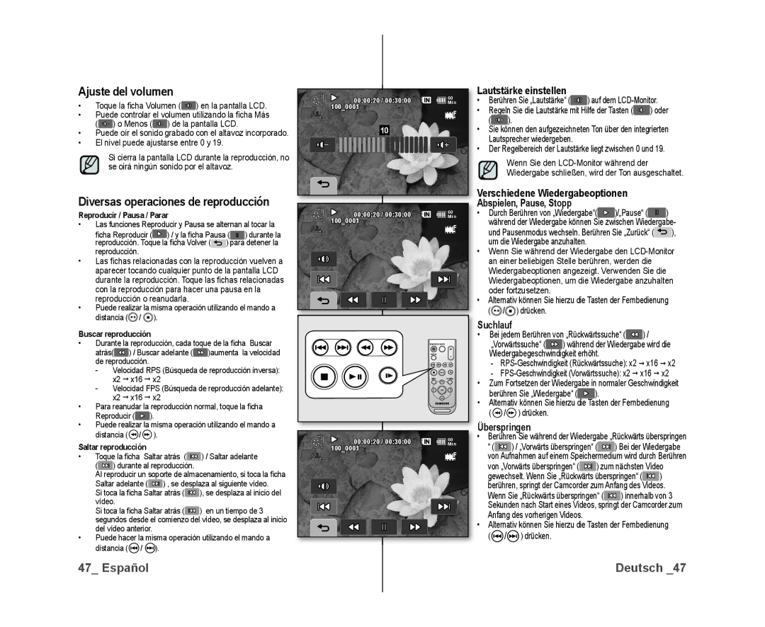 Samsung VP-DX10/XEE, VP-DX10/XEF, VP-DX10/XEO manual Ajuste del volumen, Diversas operaciones de reproducción 