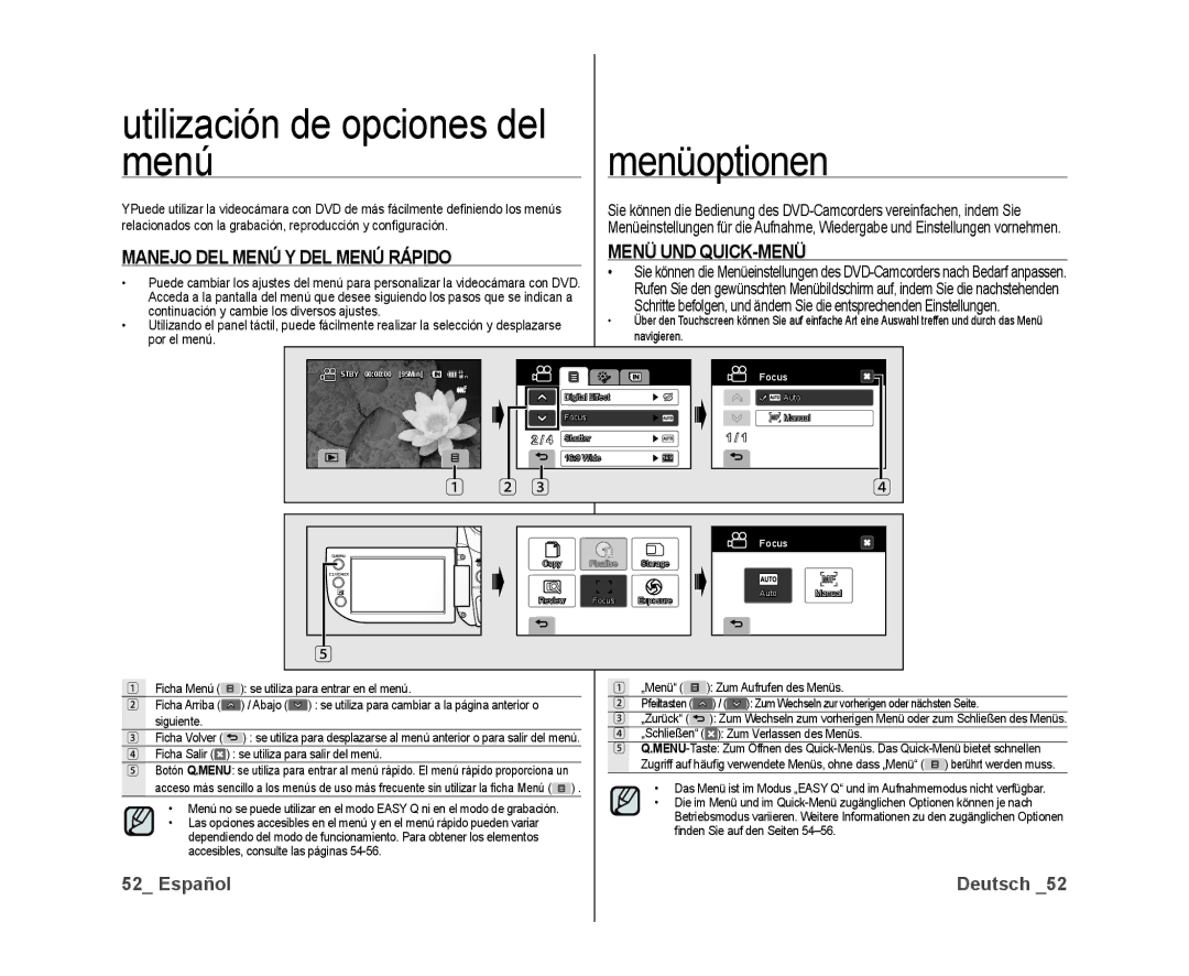 Samsung VP-DX10/XEO Utilización de opciones del menú, Menüoptionen, Manejo DEL Menú Y DEL Menú Rápido, Menü UND QUICK-MENÜ 