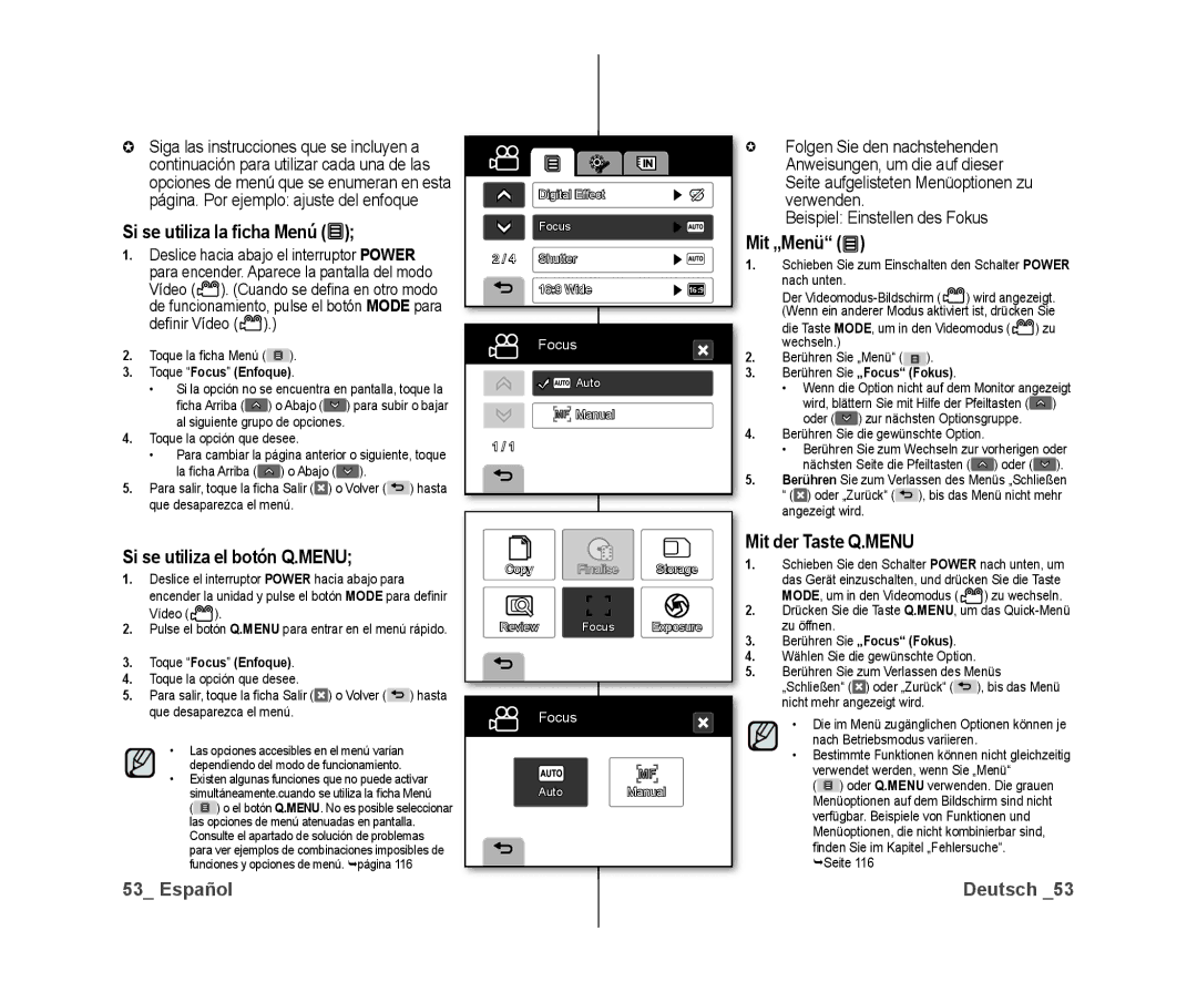 Samsung VP-DX10/XEE manual Si se utiliza la ﬁcha Menú, Si se utiliza el botón Q.MENU, Mit „Menü, Mit der Taste Q.MENU 