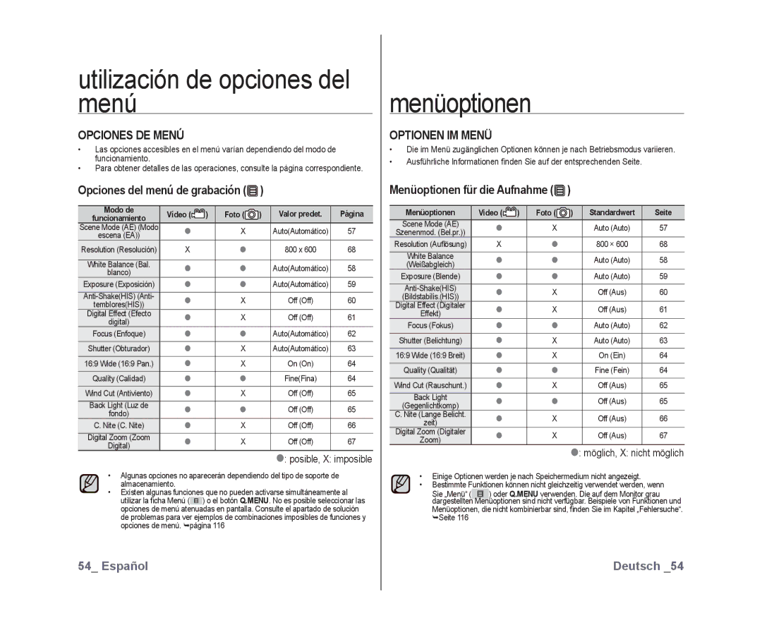 Samsung VP-DX10/XEF Opciones DE Menú, Opciones del menú de grabación, Optionen IM Menü, Menüoptionen für die Aufnahme 