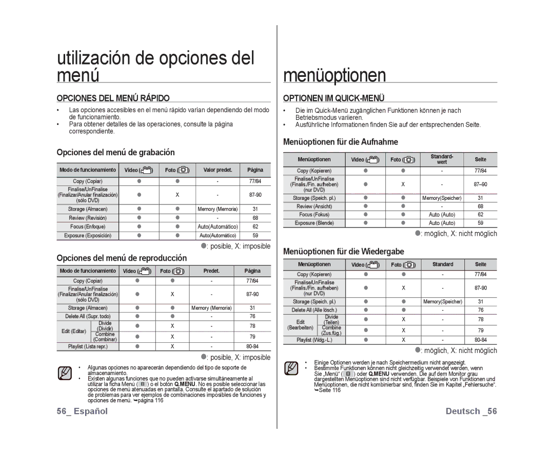 Samsung VP-DX10/XEE, VP-DX10/XEF Opciones DEL Menú Rápido, Optionen IM QUICK-MENÜ, Vídeo Foto Predet Página, Video Foto 