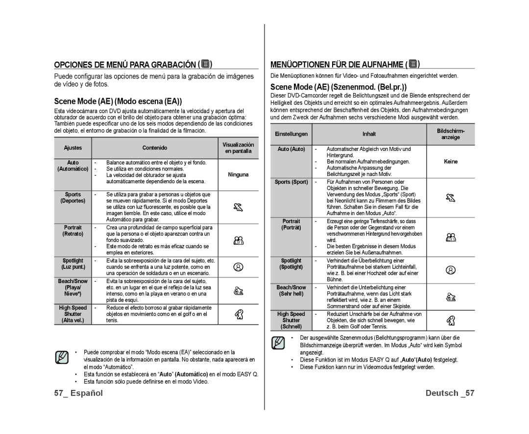 Samsung VP-DX10/XEF manual Opciones DE Menú Para Grabación, Scene Mode AE Modo escena EA, Menüoptionen FÜR DIE Aufnahme 